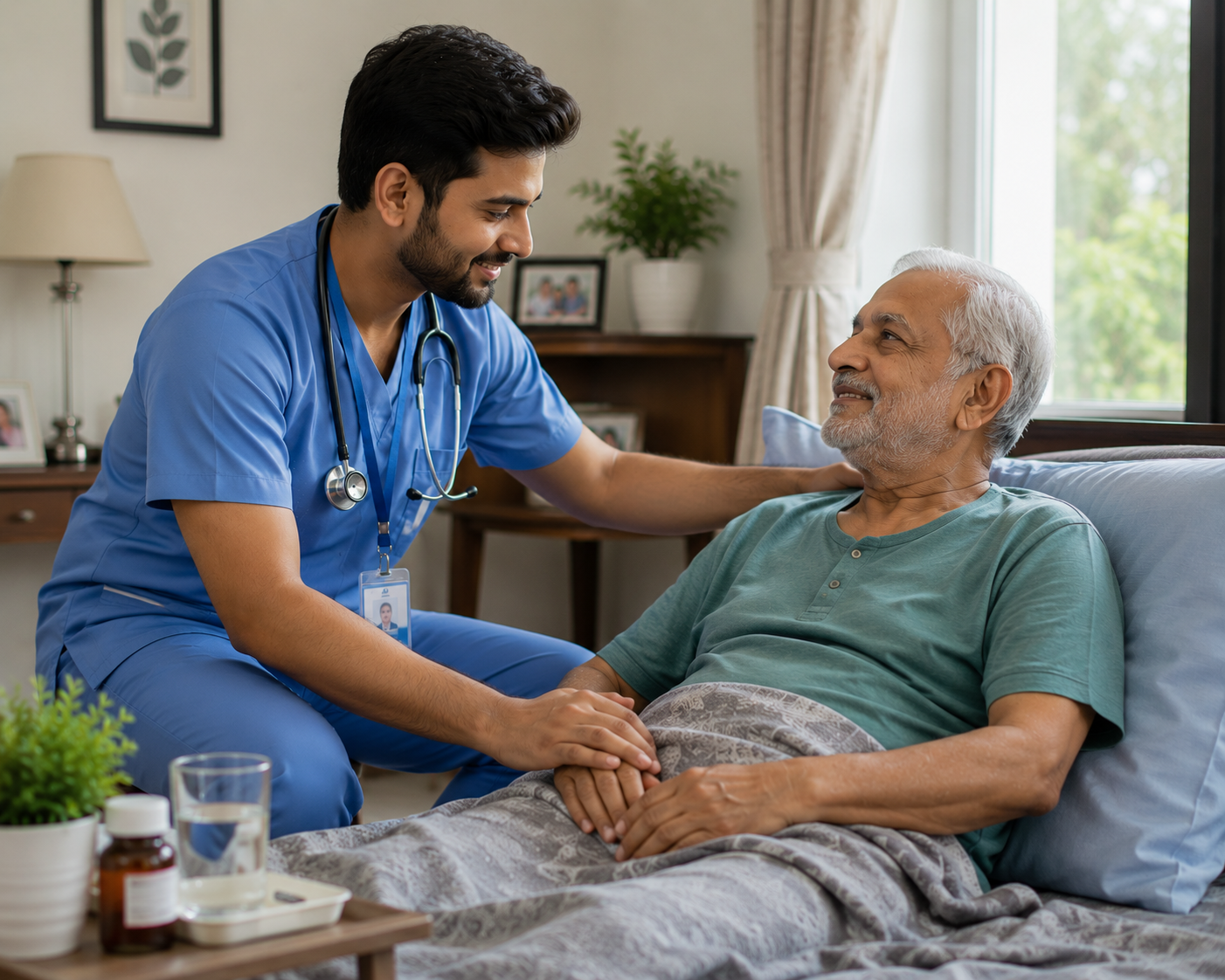 Male nurse caring for elderly patient at home
