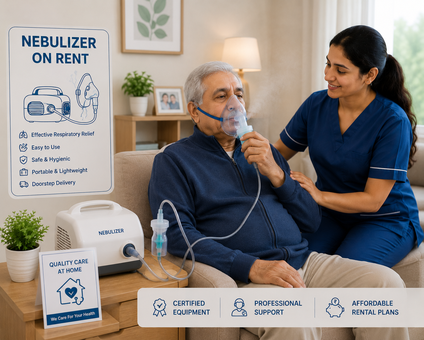 Nebulizer machine on rent in Noida – compressor and ultrasonic nebulizer for respiratory therapy