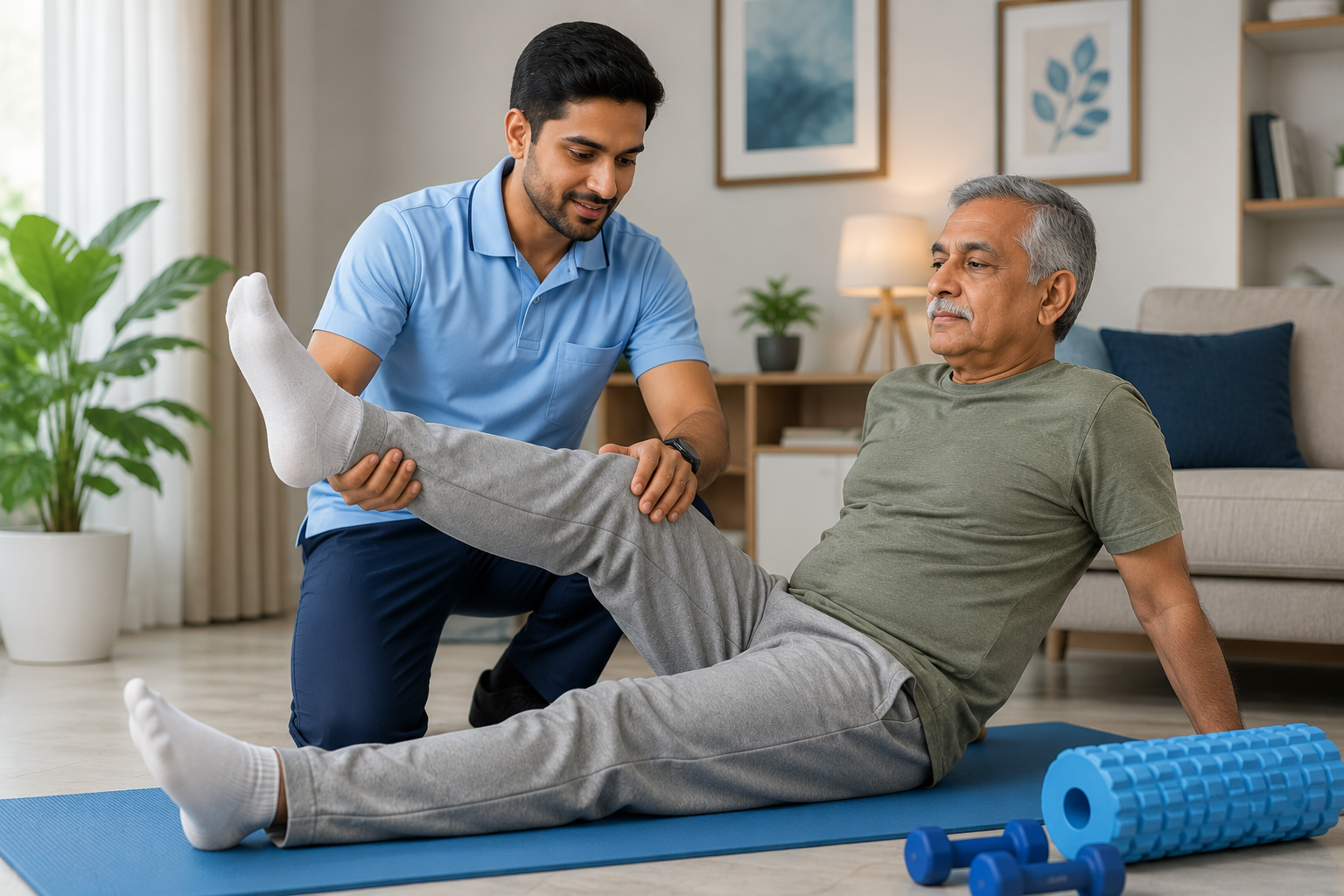 Physiotherapy at home with therapist helping patient