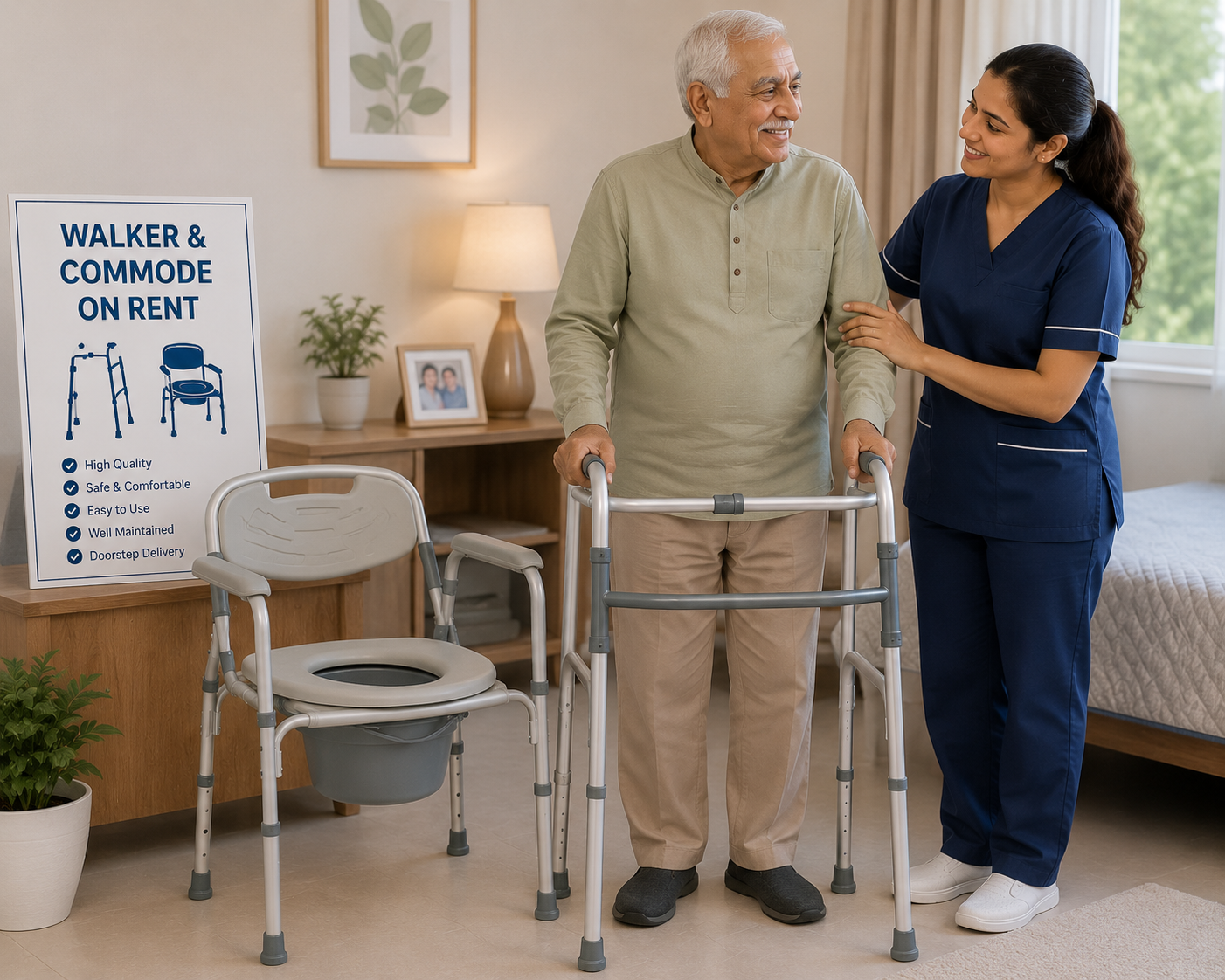 Walker and commode chair on rent in Noida – mobility support and patient care equipment